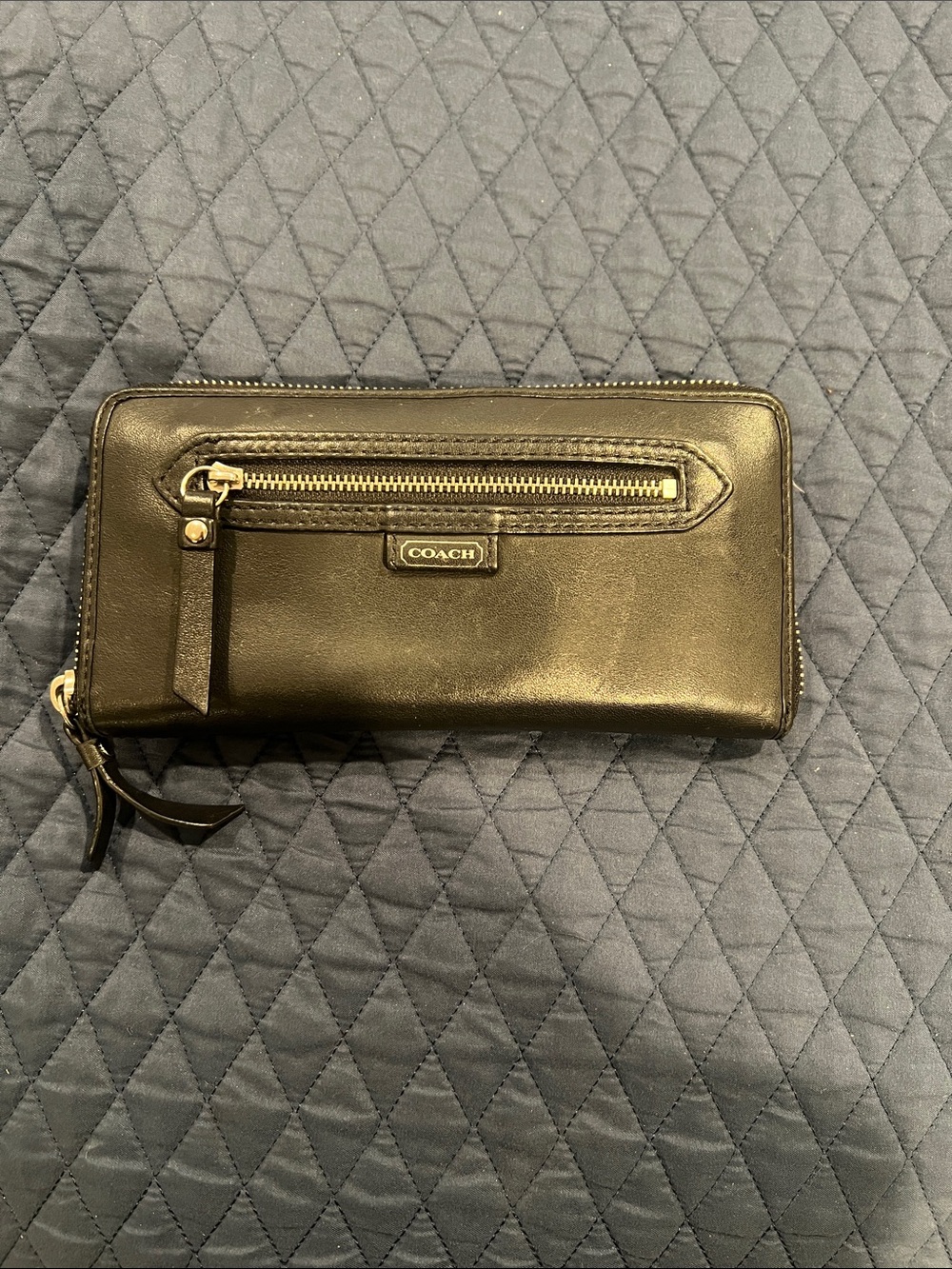 Coach Black Leather Zip Wallet with Front Pocket and Gold Hardware